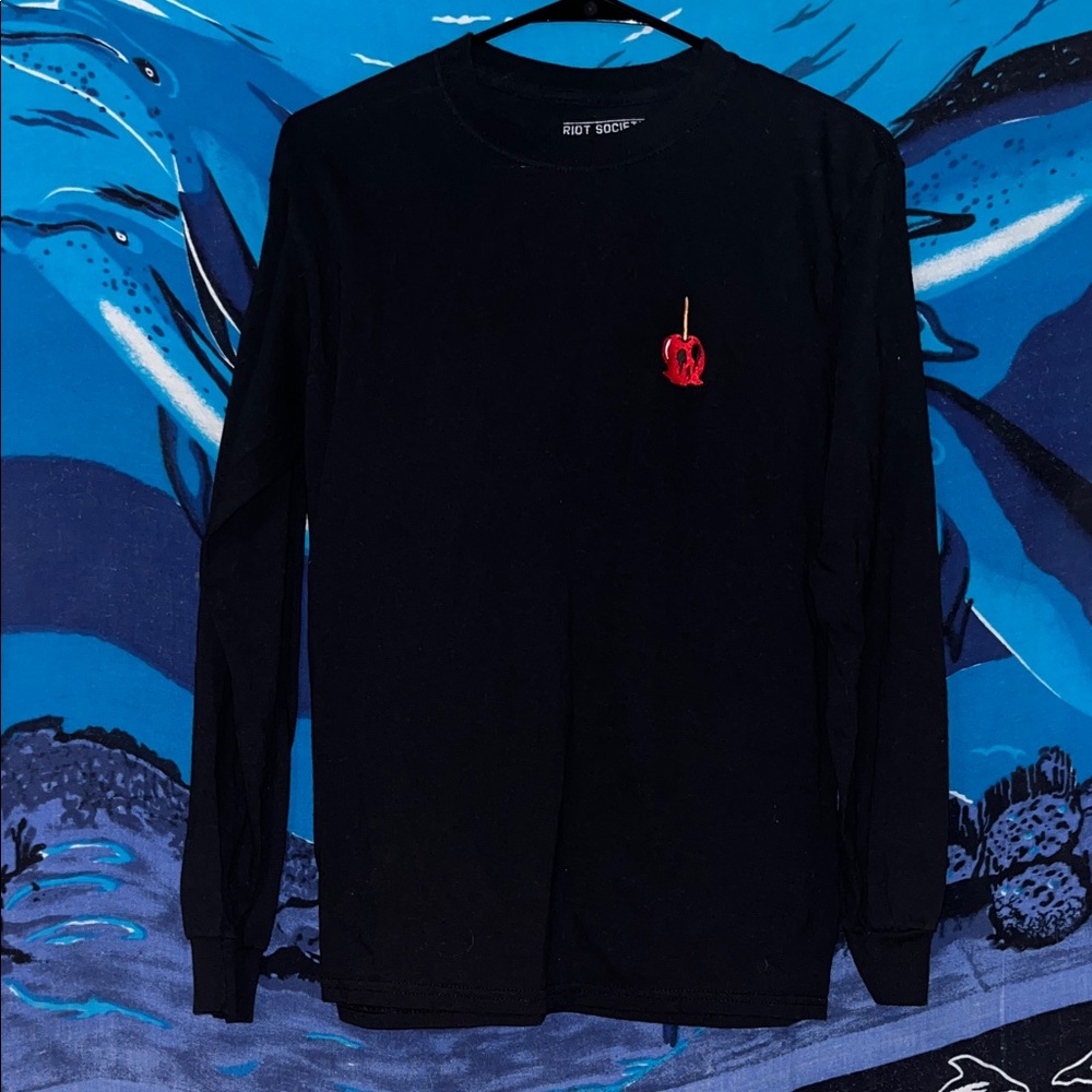 Riot Society Black Long Sleeve Tee with Red Skull Apple
